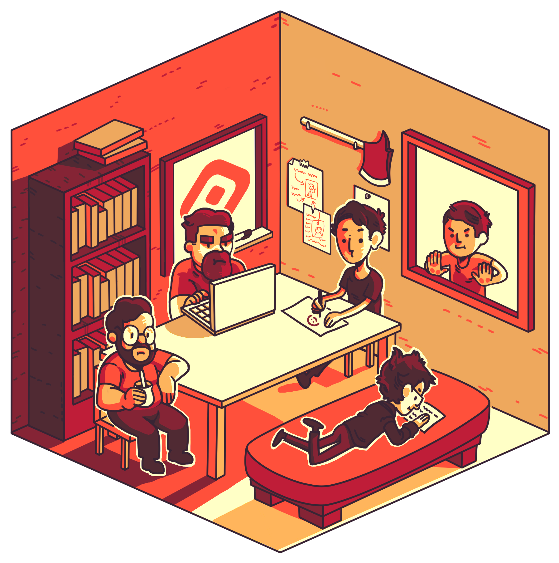 Illustration of the Pizia team making games
